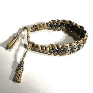 Hemp & Rhinestone Bracelet Boho Chic Preppy Hippie Neutral Beige Gray Adjustable